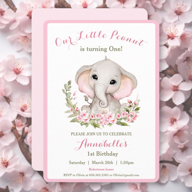 Elephant 1st Birthday Girl Invitation Custom Age (Elephant 1st Birthday Girl Invitation | Custom Age)
