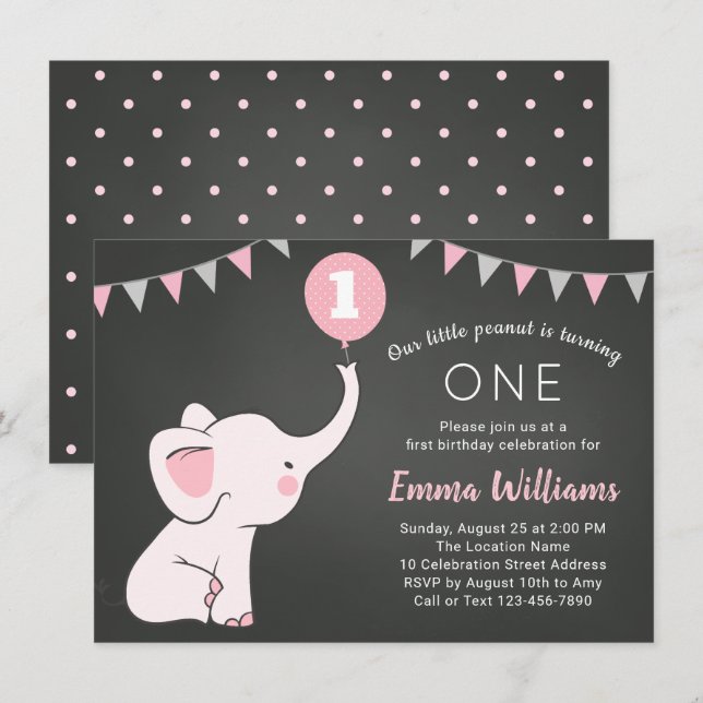 Elephant 1st Birthday Girl Invitation - Custom Age (Front/Back)