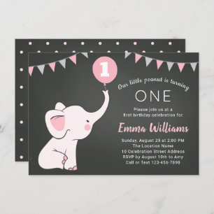 Elephant 1st Birthday Girl Invitation - Custom Age