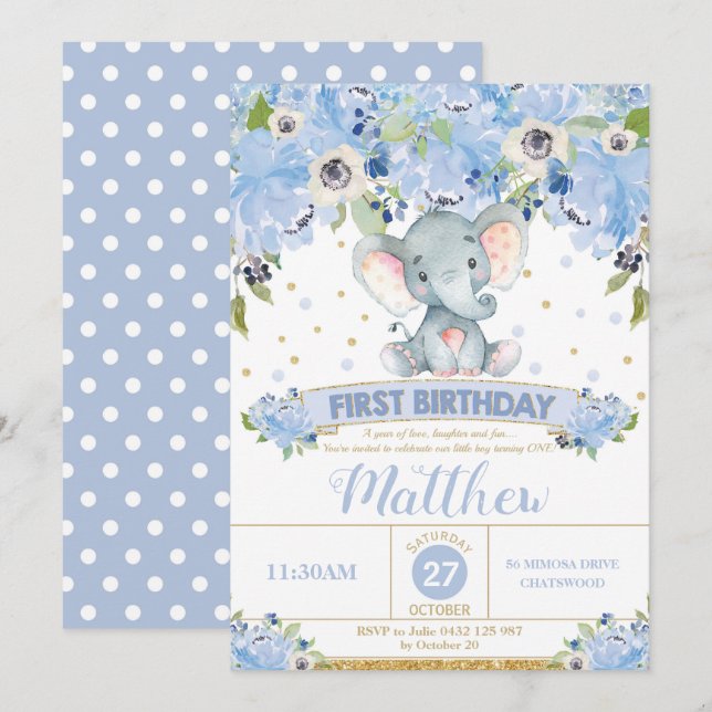Elephant 1st Birthday Invitation Boy Blue Floral (Front/Back)