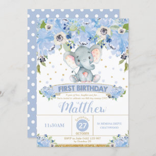 Elephant 1st Birthday Invitation Boy Blue Floral