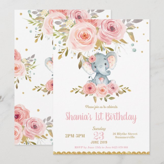 Elephant 1st Birthday Invitation Girl Pink Floral (Front/Back)