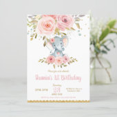 Elephant 1st Birthday Invitation Girl Pink Floral (Standing Front)