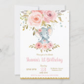 Elephant 1st Birthday Invitation Girl Pink Floral (Front)
