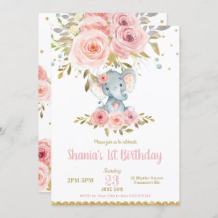 Elephant 1st Birthday Invitation Girl Pink Floral