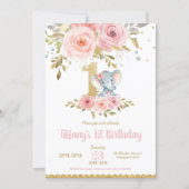 Elephant 1st Birthday Invitation Girl Pink Floral (Front)
