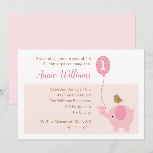 Elephant 1st Birthday Invitation (Girls) Balloon (Front/Back)