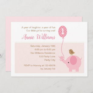Elephant 1st Birthday Invitation (Girls) Balloon