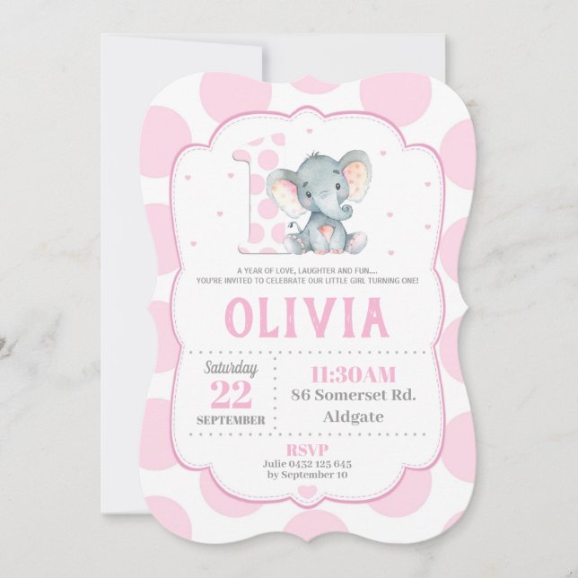 Elephant 1st Birthday Invitation Pink Polka Dots (Front)