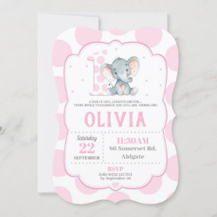 Elephant 1st Birthday Invitation Pink Polka Dots