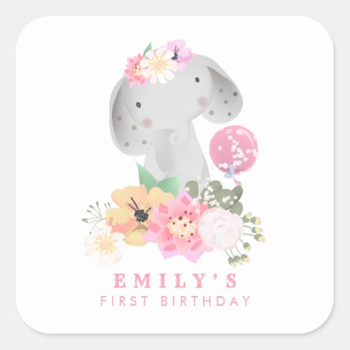 Elephant 1st Birthday Name Safari Pink Girl Square Sticker