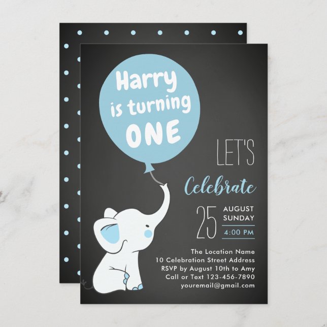 Elephant 1st Birthday Party Invitation for Boy (Front/Back)