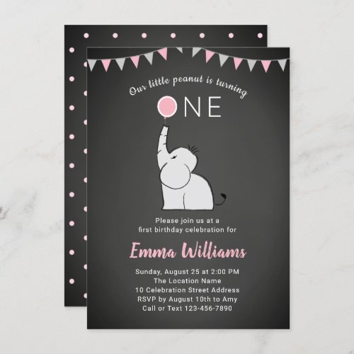 Elephant 1st Birthday Party Invitation for Girl