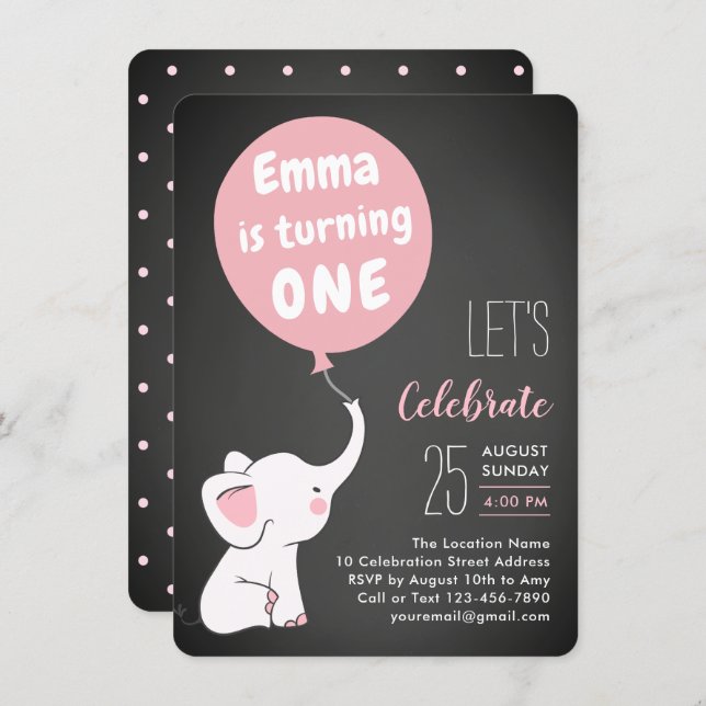 Elephant 1st Birthday Party Invitation for Girl (Front/Back)