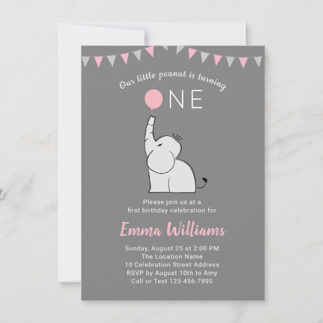 Elephant 1st Birthday Party Invitation - PINK GRAY (Front)