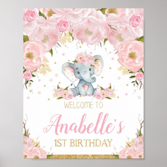 Elephant 1st Birthday Party Welcome Sign Poster (Front)