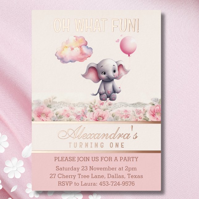 Elephant 1st Birthday Pink Floral Baby Girl Foil Invitation (Creator Uploaded)
