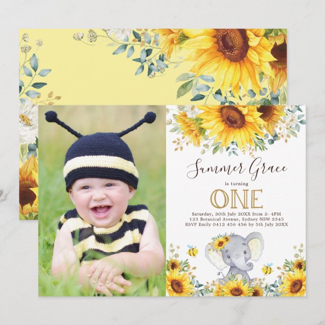 Elephant 1st Birthday Sunflower Gold Greenery Invitation (Front/Back)
