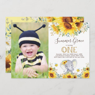 Elephant 1st Birthday Sunflower Gold Greenery Invitation