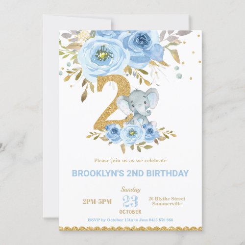Elephant 2nd Birthday Blue Floral Flowers Two Invitation