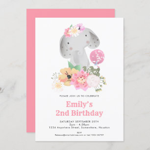Elephant 2nd Birthday Girl Jungle Pink Party Invitation