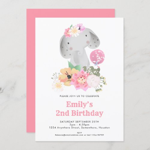 Elephant 2nd Birthday Girl Jungle Pink Party Invitation