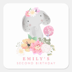 Elephant 2nd Birthday Name Safari Pink Girl Square Sticker