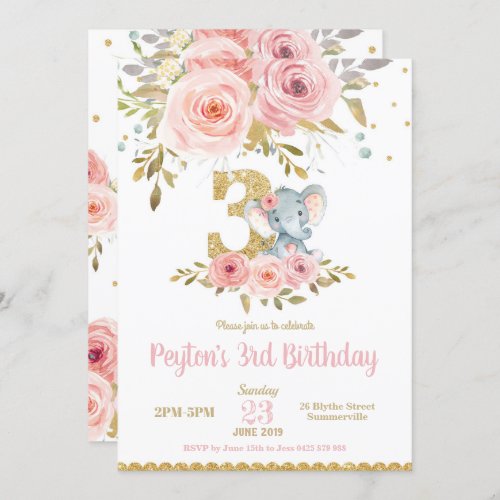 Elephant 3rd Birthday Invitation Girl Pink Floral