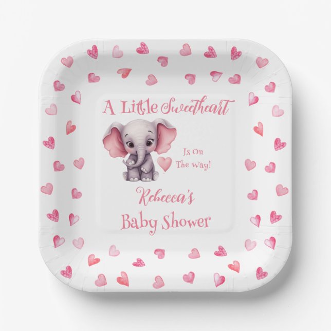 Elephant A Little Sweetheart Girl Baby Shower Paper Plates (Front)