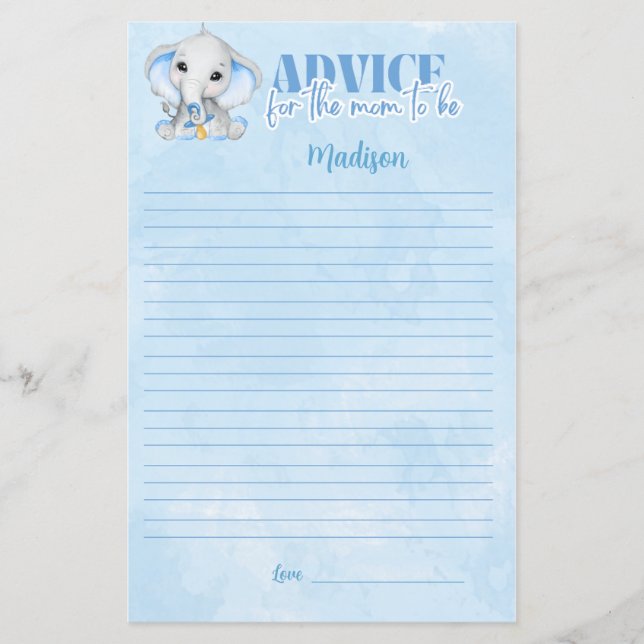   Elephant  Advice for Mom Baby Shower Game (Front)