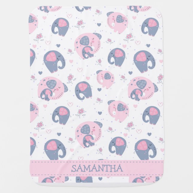Elephant and baby elephant pink and grey girl gift baby blanket (Front)