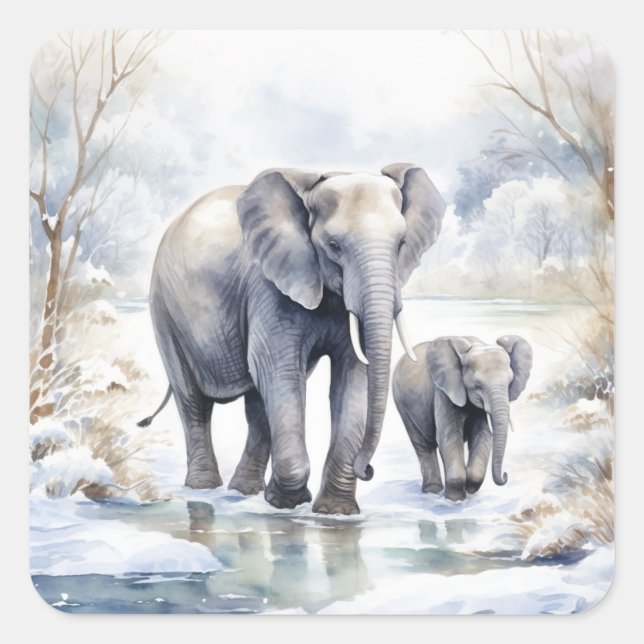 Elephant and Baby Square Sticker (Front)
