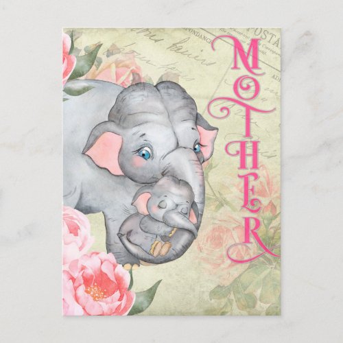 Elephant and Baby Vintage Floral Mothers Day Postcard