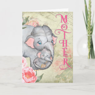 Elephant and Baby Vintage Frech Floral Mothers Day Card
