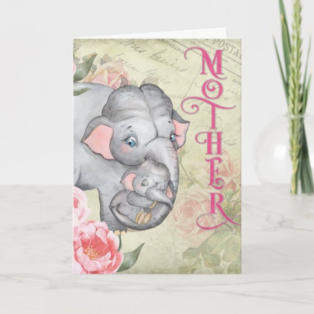 Elephant and Baby Vintage Frech Floral Mothers Day Card (Front)