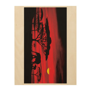 Elephant and Baby with a Red Serengeti Sunset Wood Wall Art