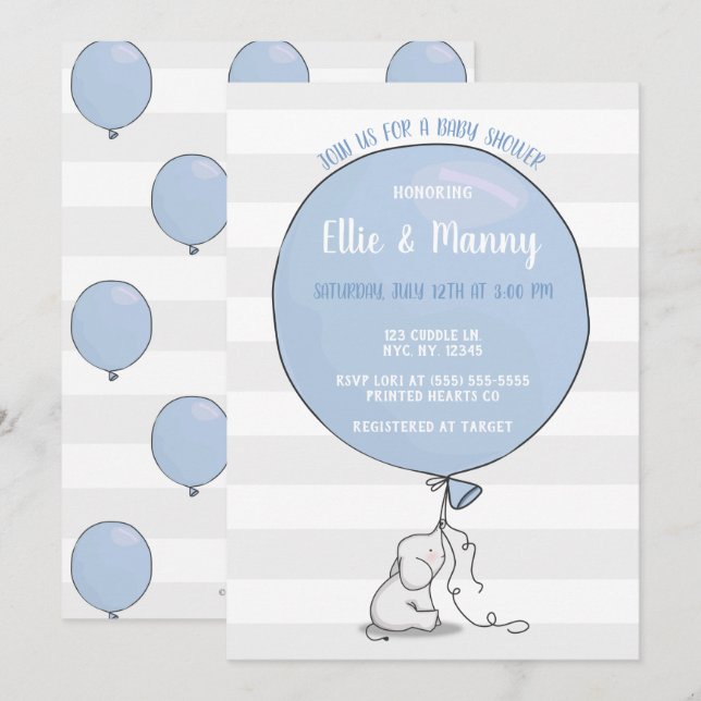 Elephant and Balloon Baby Shower Invitation | Blue (Front/Back)