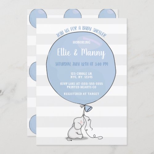 Elephant and Balloon Baby Shower Invitation  Blue