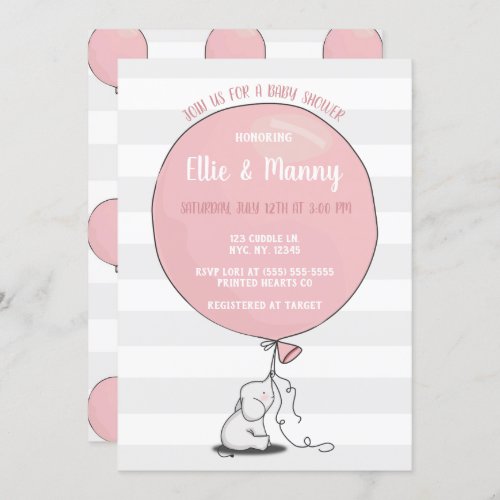 Elephant and Balloon Baby Shower Invitation  Pink