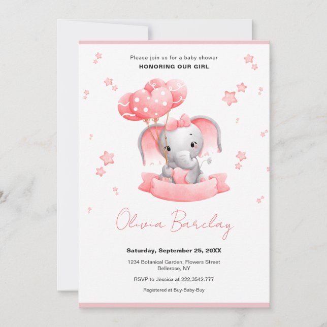 Elephant and Balloons Baby Shower  Invitation (Front)
