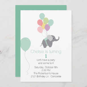 Elephant and Balloons First Birthday Invitation