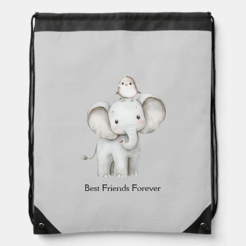 Elephant and Bird Best Friends Drawstring Bag