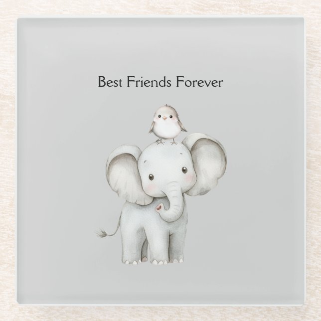 Elephant and Bird Best Friends Glass Coaster (Front)
