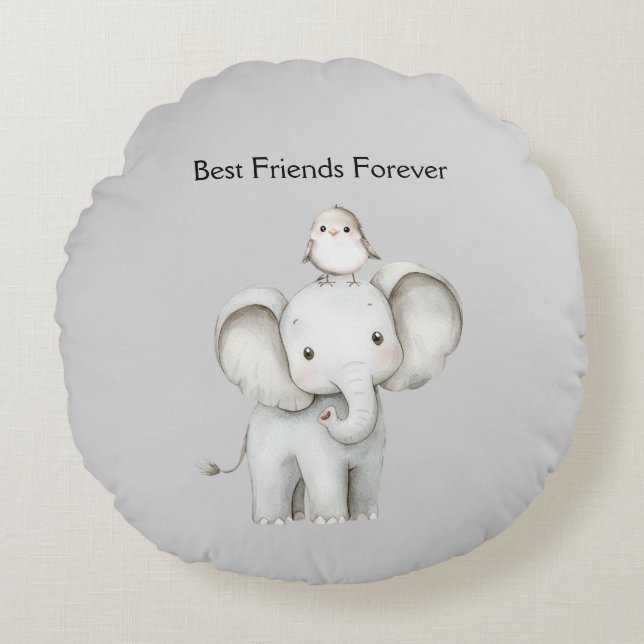 Elephant and Bird Best Friends Round Pillow (Front)