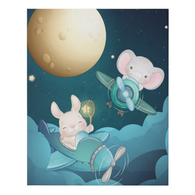 Elephant and Bunny in Space Faux Canvas Print (Front)