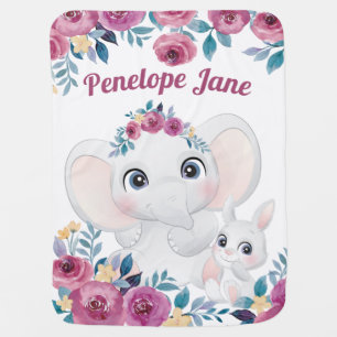 Elephant and Bunny Maroon Roses Custom Name Baby Blanket