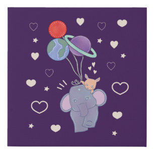 Elephant and Bunny Space Balloon Ride   Whimsical  Faux Canvas Print