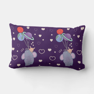 Elephant and Bunny Space Balloon Ride   Whimsical  Lumbar Pillow