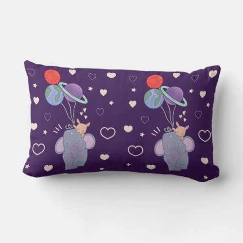 Elephant and Bunny Space Balloon Ride | Whimsical  Lumbar Pillow