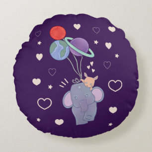 Elephant and Bunny Space Balloon Ride Whimsical Round Pillow
